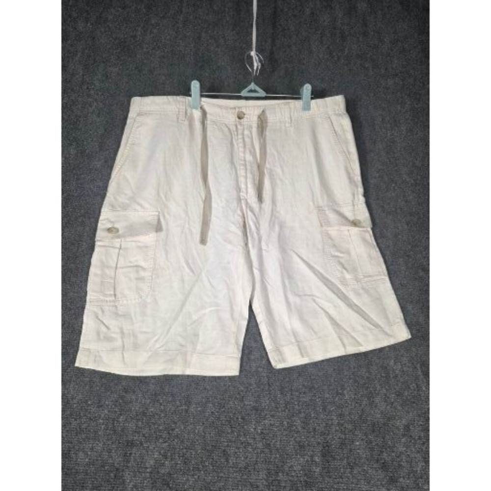 Perry Ellis Mens Off White Linen Blend Cargo Shorts Size 36 Drawstring Summer